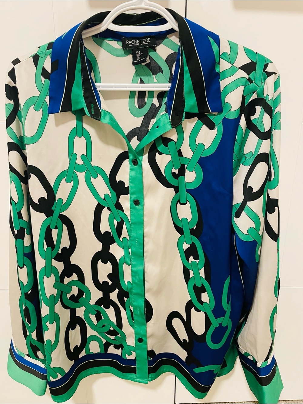 Rachel Zoe Long sleeve, Green & Blue Chain-Print Button Down Shirt